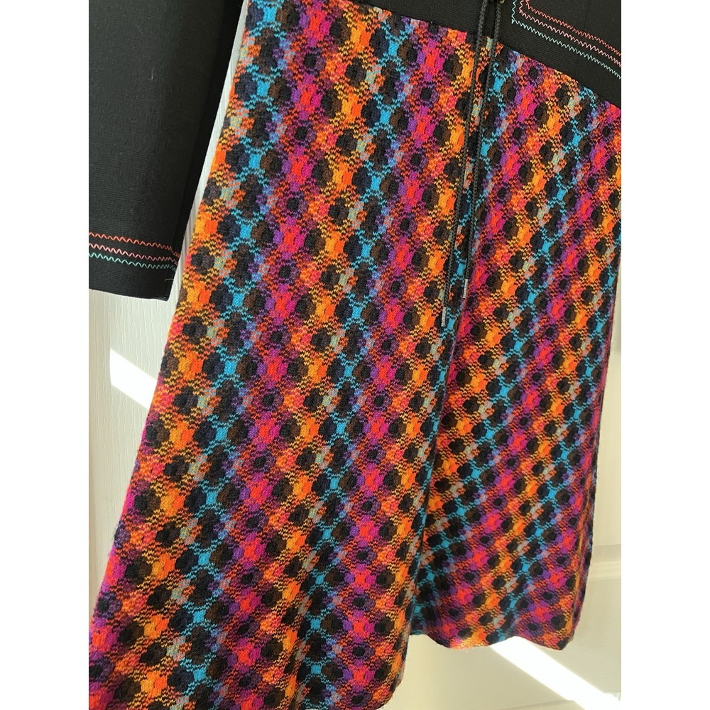 Vintage Lace Up Bright Knit Black Embroidered Dress 60's Mod Retro Small Medium - Picture 5 of 8